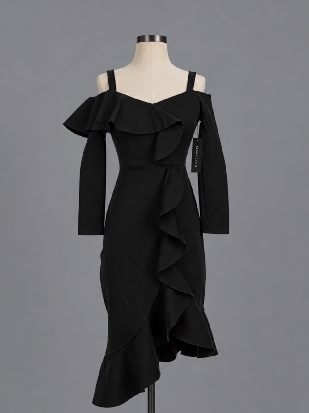 Marciano Black Ruffle Cold Shoulder Midi Dress – Size XS – NWT